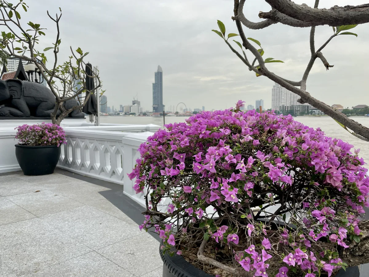 Anantara Riverside Bangkok – Terrasse mit Blick auf den Chao Phraya und die Skyline