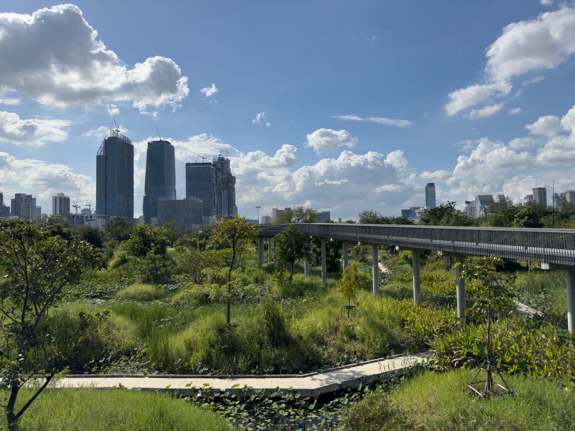 Skywalk im Benjakity Park mit Zwillingstürmen im Hintergrund