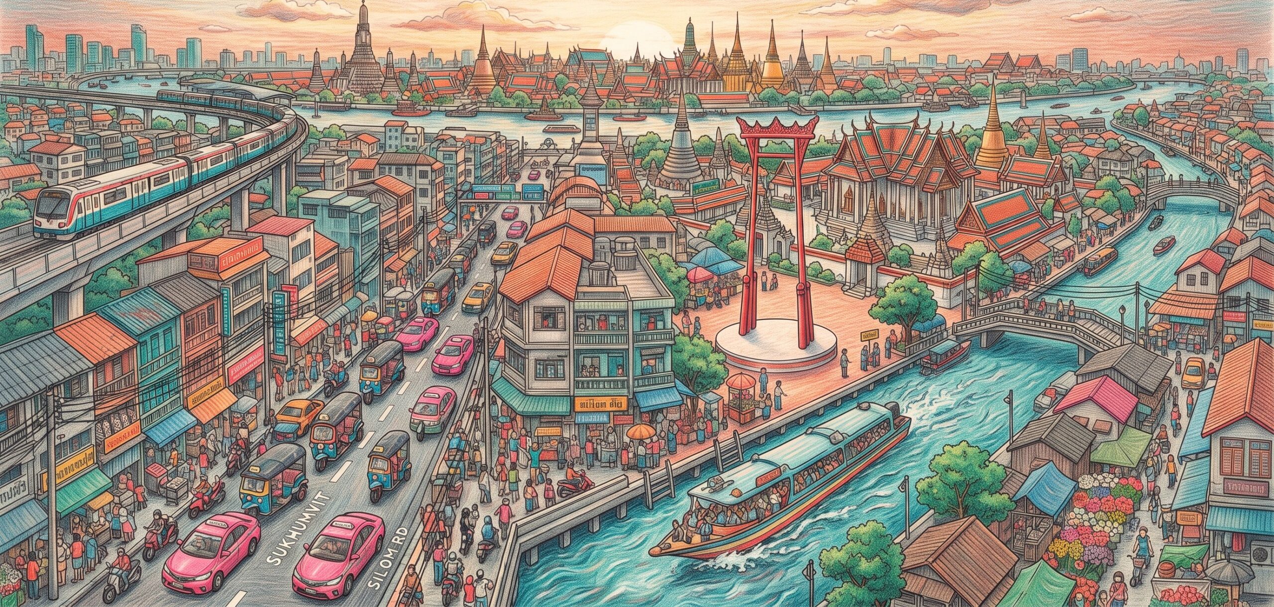 Illustrierte Bangkok-Skyline mit Wat Arun, Skytrain und Tuk-Tuks