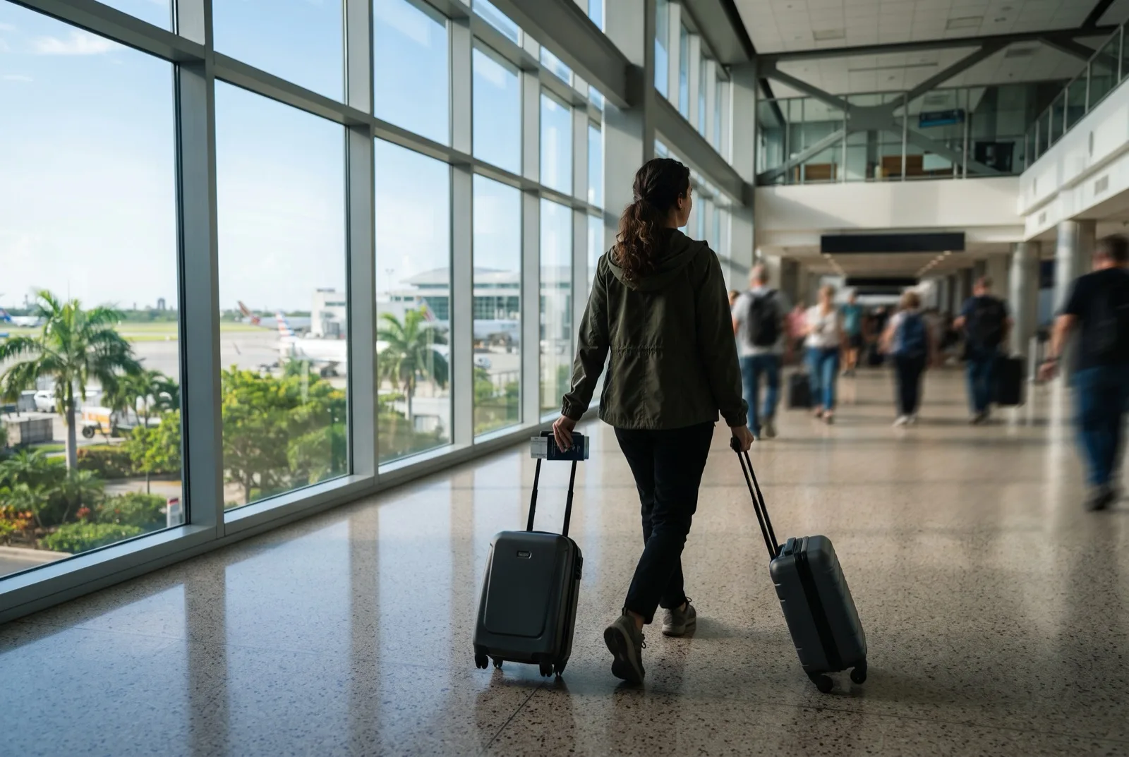 Reisender mit Koffer und Reisepass in einem hellen modernen Flughafen-Ankunftskorridor