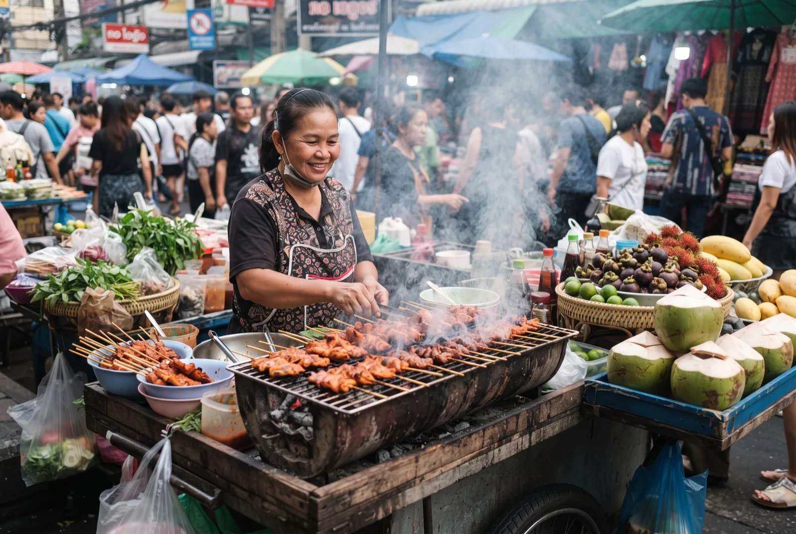 Streetfood-Stand mit gegrillten Spießen und frischen Kokosnüssen auf einem Markt in Bangkok