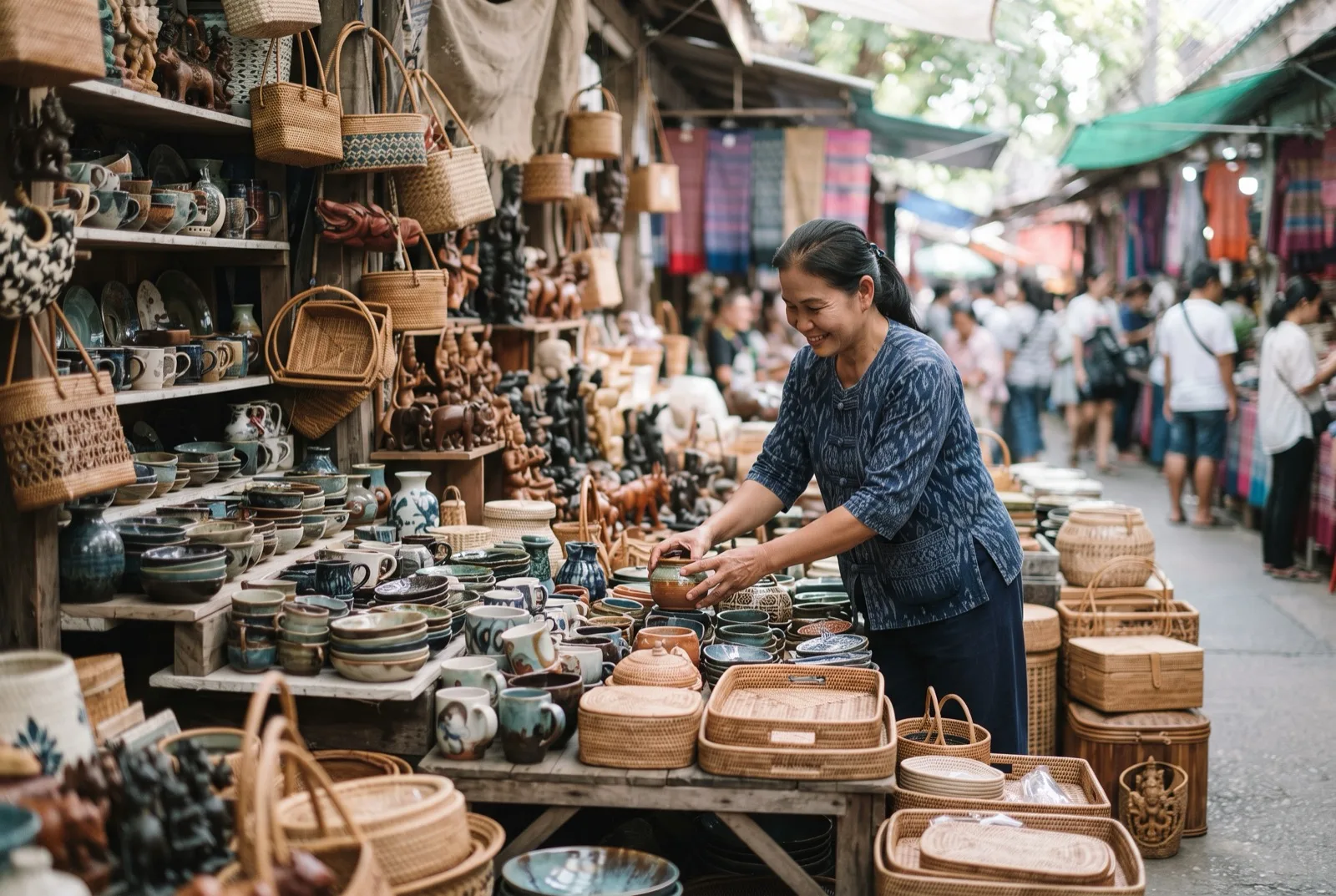 Marktstand mit Keramik, Rattankörben und Holzschnitzereien auf einem thailändischen Markt