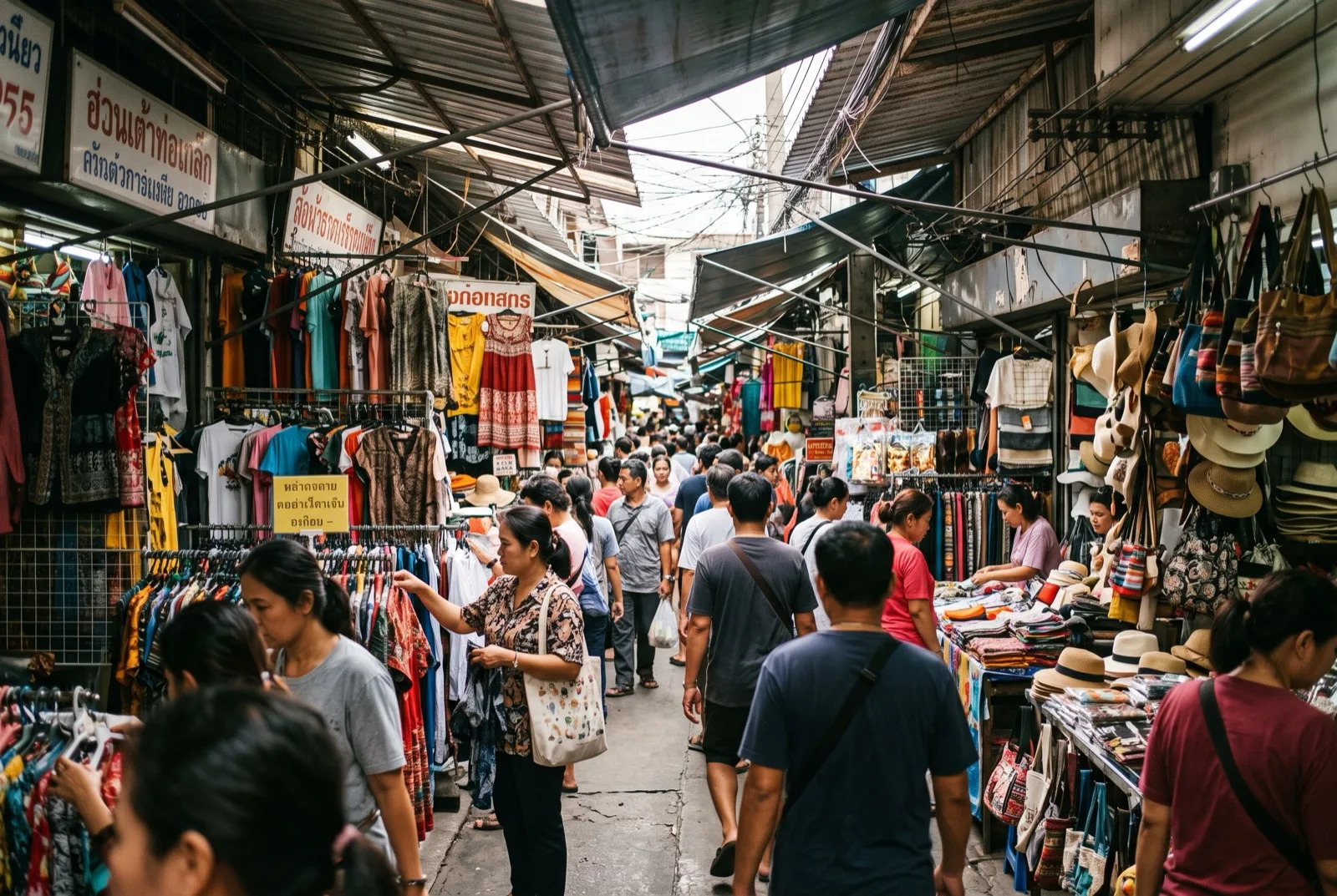 Enge, belebte Gasse mit Kleidungsständen auf einem Wochenmarkt in Bangkok