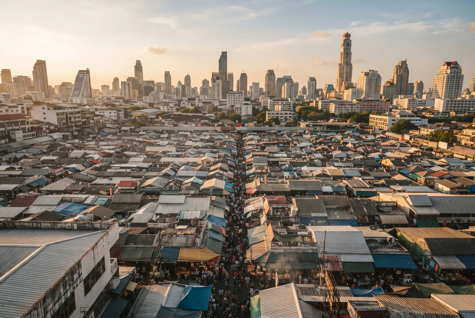Blick über die Dächer eines riesigen Wochenmarkts auf die Skyline von Bangkok