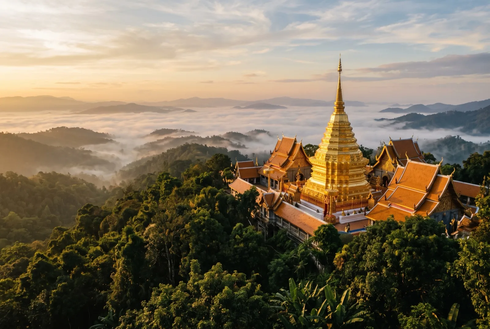 Goldener Bergtempel über nebligen Dschungelhügeln bei Chiang Mai im Morgenlicht