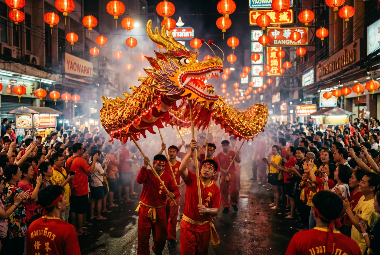 Drachentanz mit rotem Drachen und Laternen beim Chinesischen Neujahr in Bangkoks Chinatown