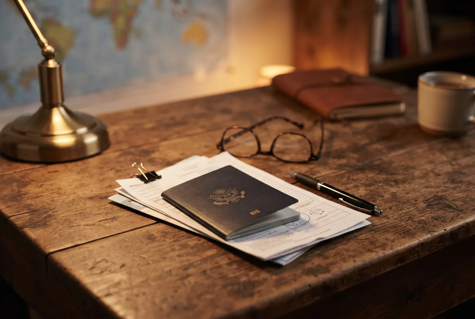 Reisepass, Stift und Formulare auf einem Schreibtisch bei warmem Lampenlicht