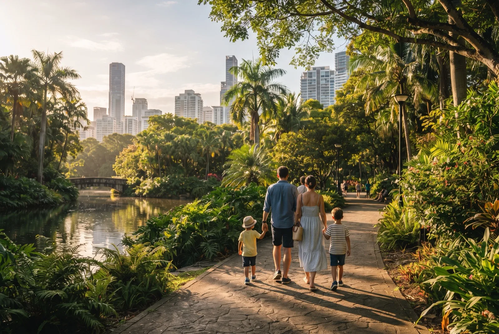 Familie mit zwei Kindern spaziert durch einen tropischen Park mit Skyline im Hintergrund