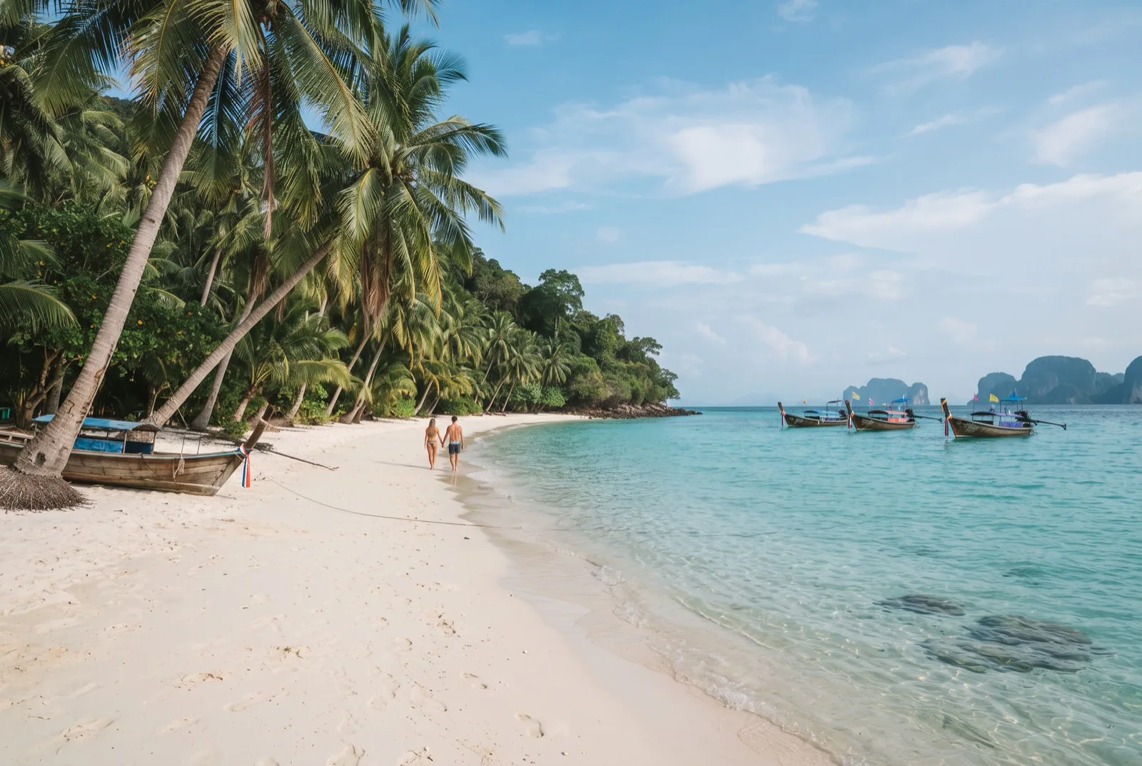 Tropischer Inselstrand mit weißem Sand, Palmen und türkisfarbenem Wasser in Thailand