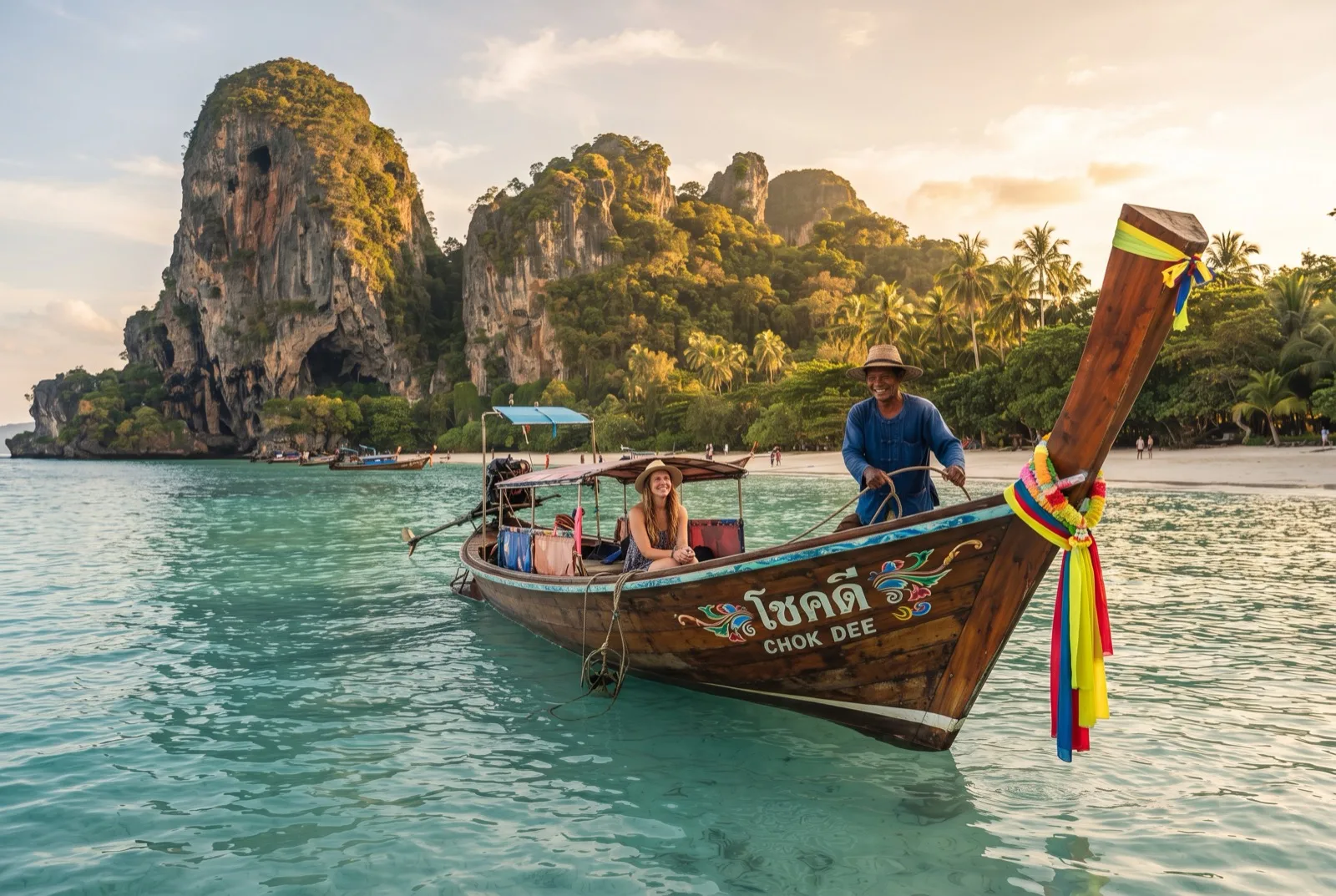 Thailändisches Langboot vor Kalksteinfelsen im türkisfarbenen Wasser bei Krabi