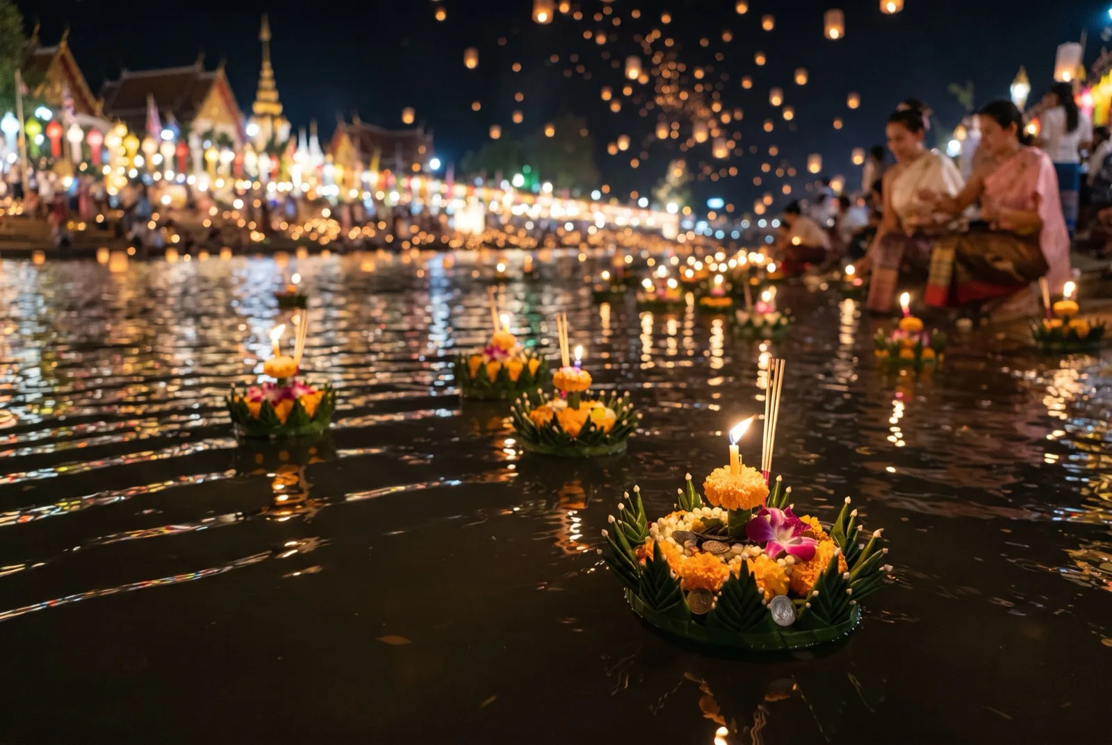 Schwimmende Krathongs aus Bananenblättern mit Kerzen und Blüten auf dem Wasser bei Nacht