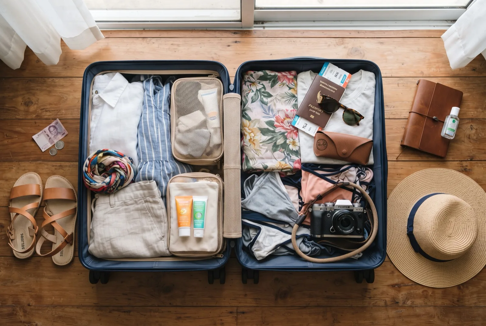 Offener Koffer mit leichter Sommerkleidung, Kamera, Hut und Sandalen für eine Bangkok-Reise