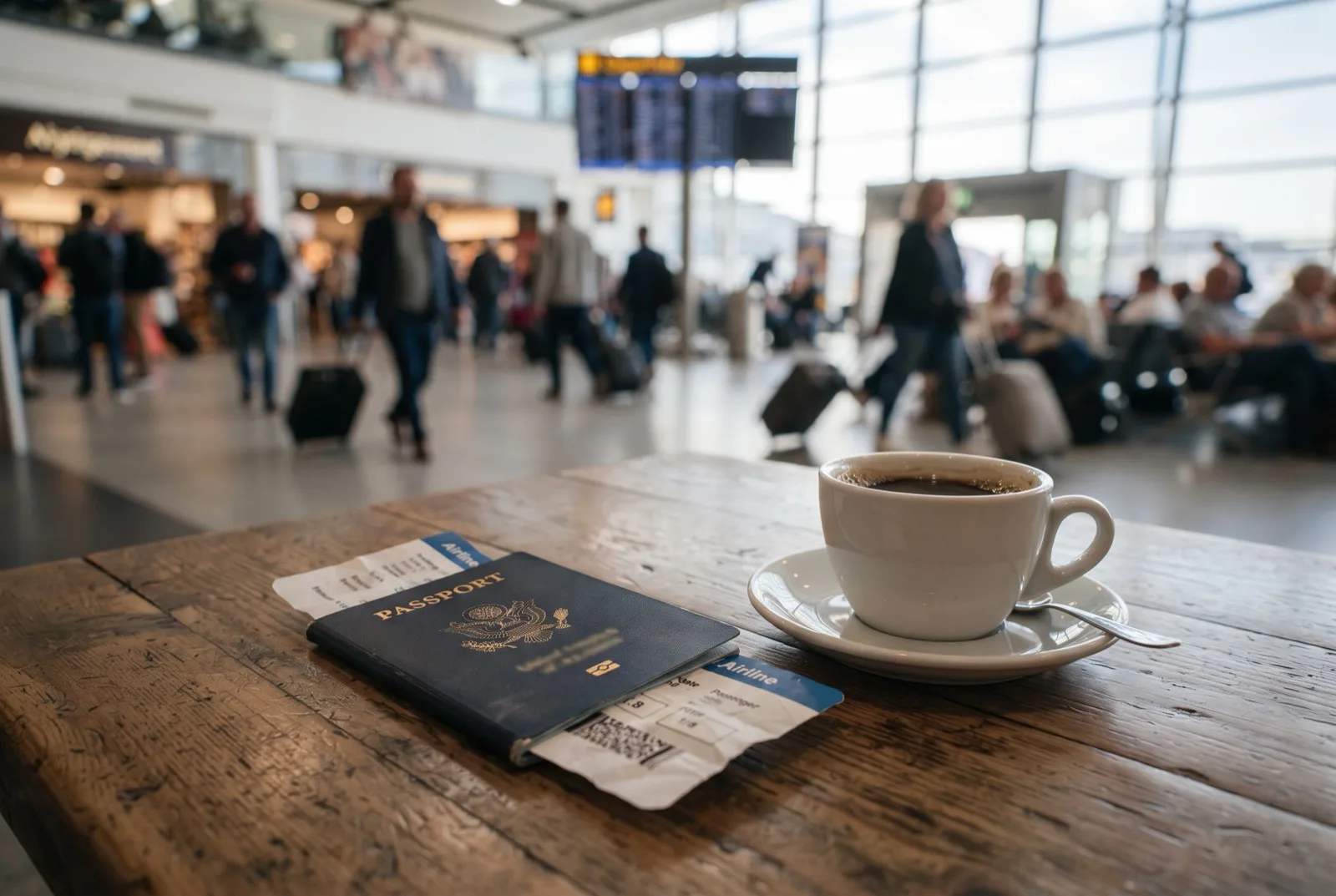 Reisepass mit Bordkarte auf einem Cafétisch am Flughafen, Reisende im Hintergrund