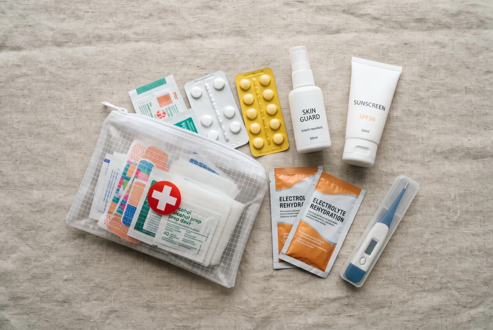 Kompakte Reiseapotheke mit Pflastern, Tabletten, Mückenschutz und Sonnencreme
