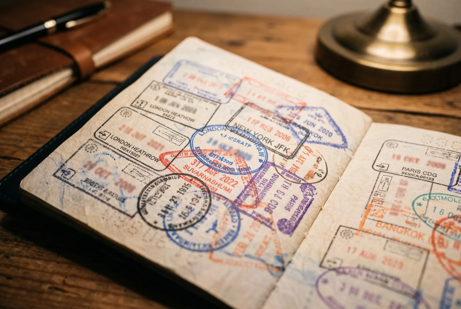 Aufgeschlagener Reisepass voller bunter Einreisestempel in Nahaufnahme
