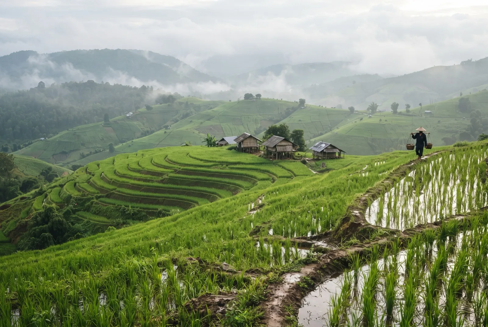 Grüne Reisterrassen mit Bambushütten und Morgennebel in Nordthailand