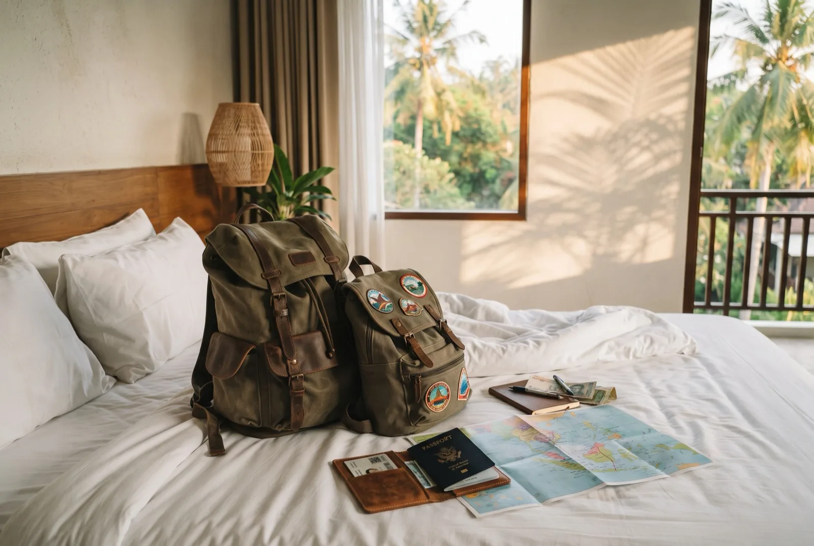 Reiserucksack und Tagesrucksack auf einem Hotelbett im tropischen Morgenlicht