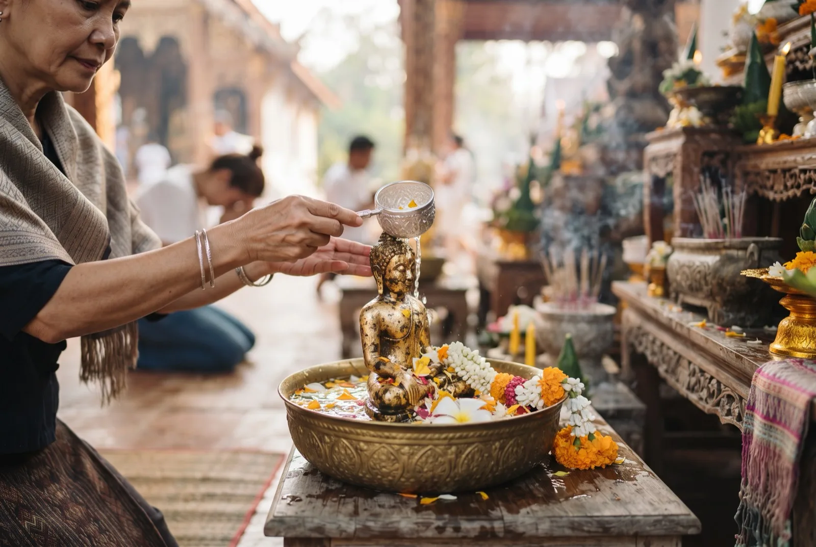 Hände gießen Wasser mit Jasminblüten über eine goldene Buddha-Statue in einem Tempel