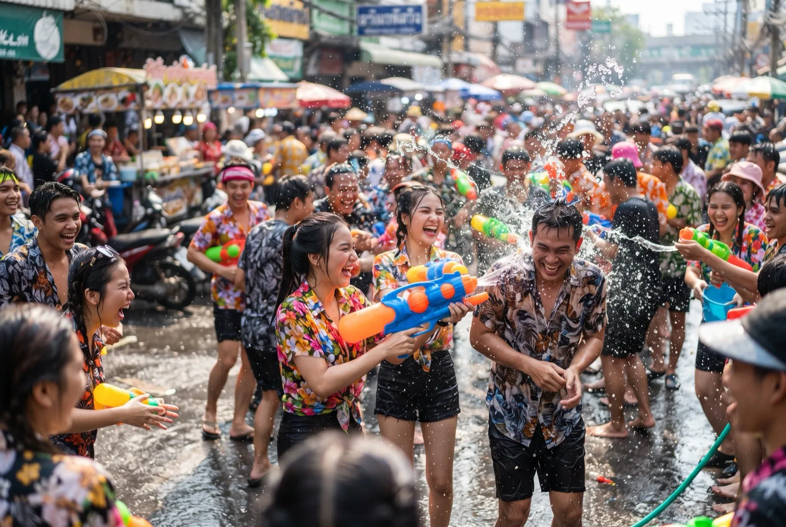 Ausgelassene Wasserschlacht mit Wasserpistolen beim Songkran-Fest auf einer Straße in Bangkok