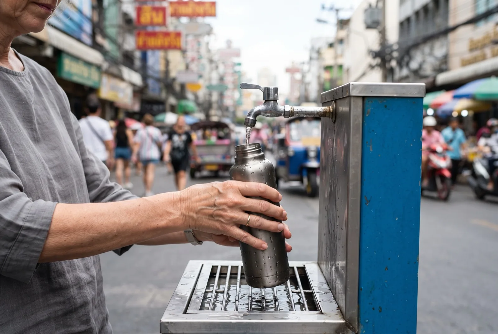 Hände füllen eine Edelstahl-Trinkflasche an einer Wasser-Refill-Station auf