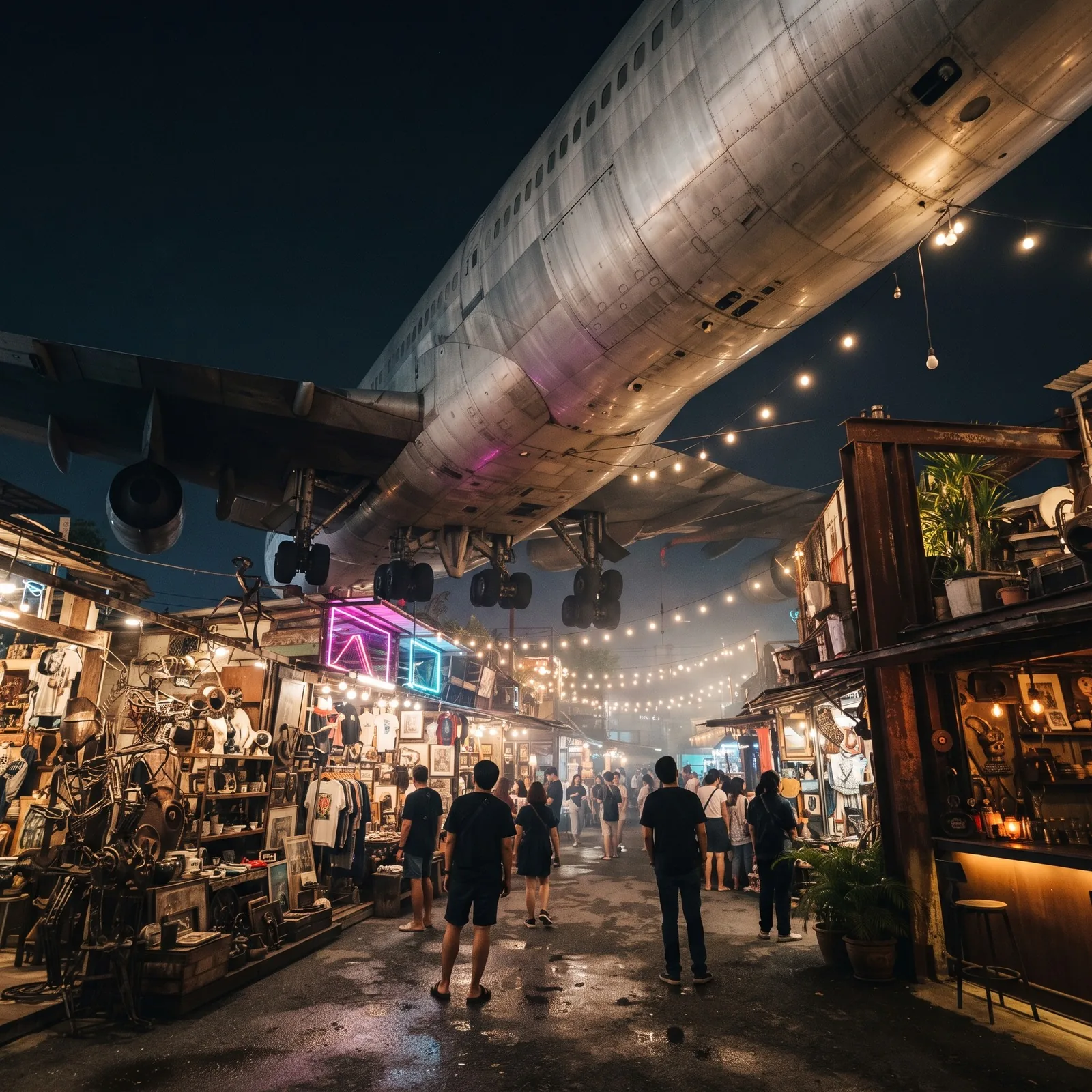 Ausgemustertes Flugzeug über den beleuchteten Ständen im Chang Chui Creative Park in Bangkok bei Nacht