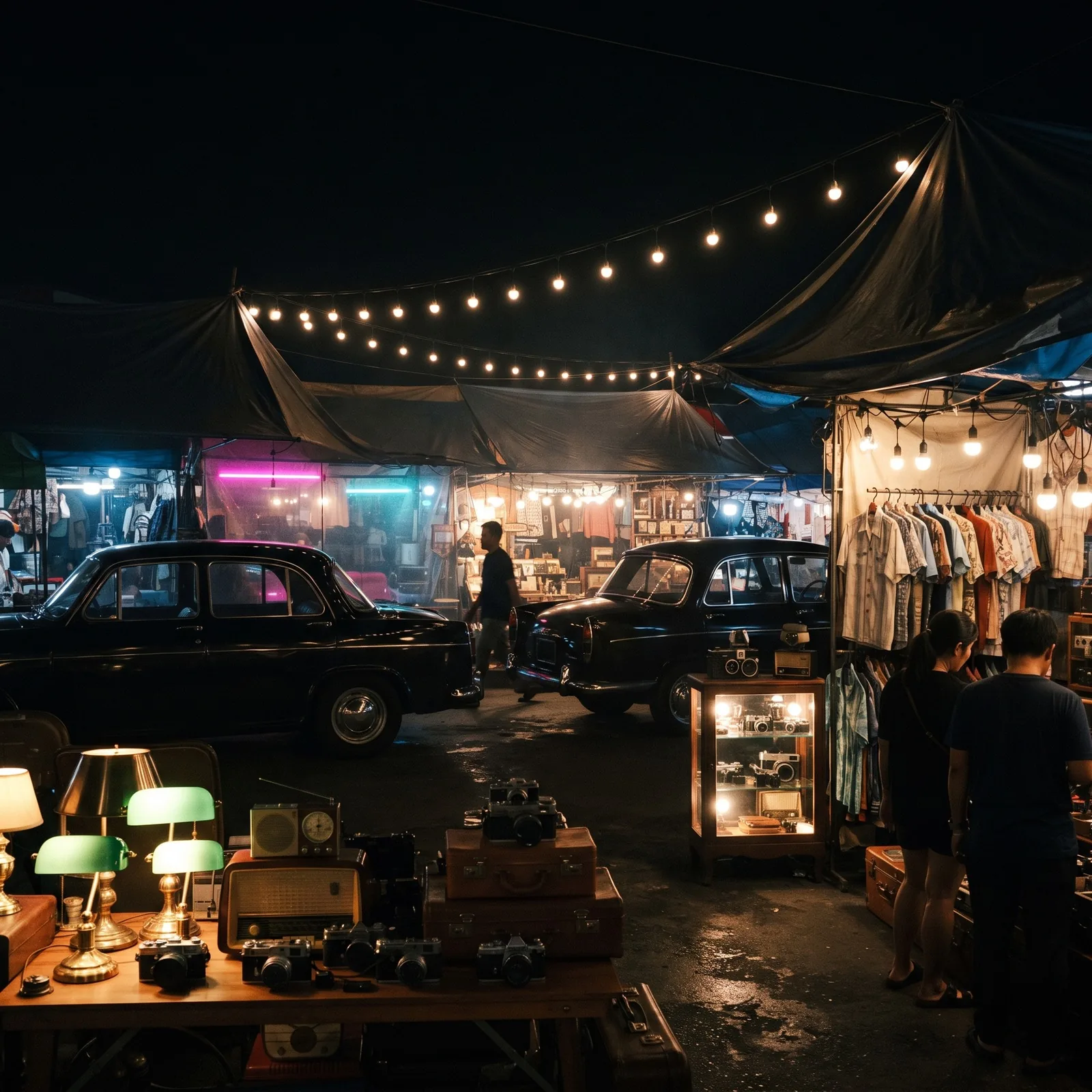 Zwei Oldtimer als dunkle Silhouetten vor beleuchteten Vintage-Ständen mit Messinglampen und Kameras auf dem Srinagarindra Train Night Market