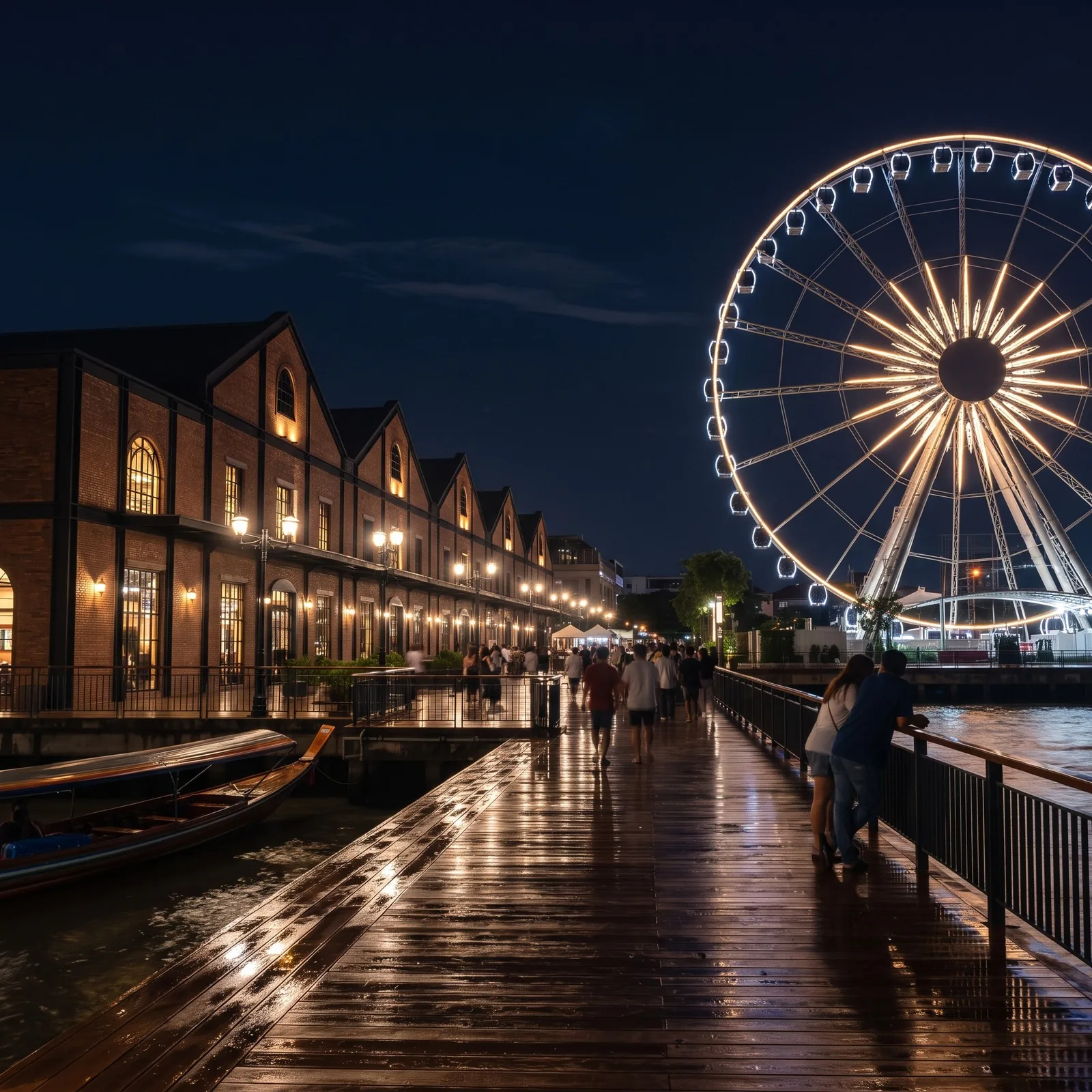 Beleuchtetes Riesenrad, Lagerhaus-Fassade und regennasse Uferpromenade am Chao Phraya bei Asiatique The Riverfront
