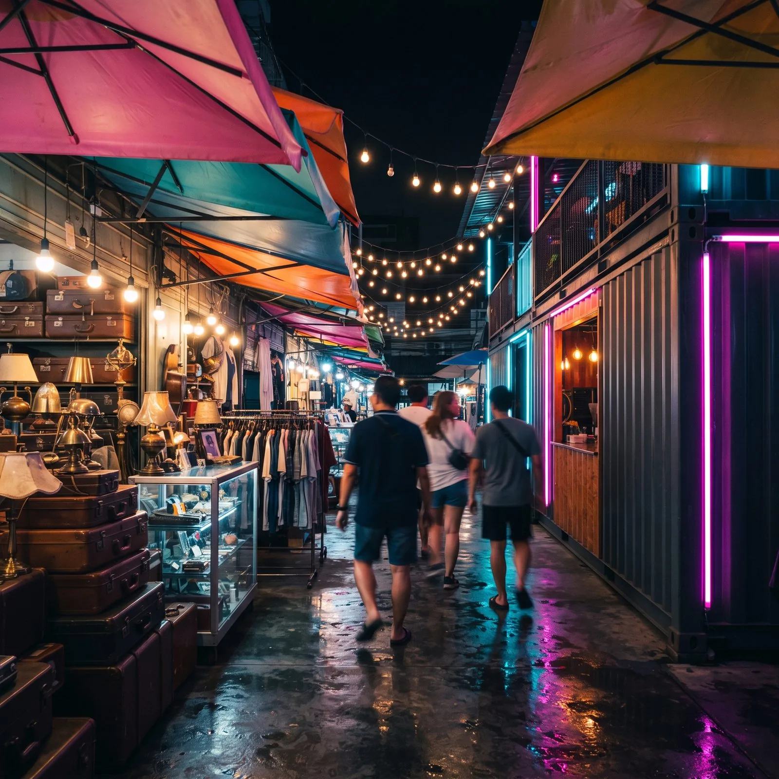Marktgasse im Train Night Market Ratchada bei Nacht mit bunten Zeltdächern, Lichterketten und Container-Bar