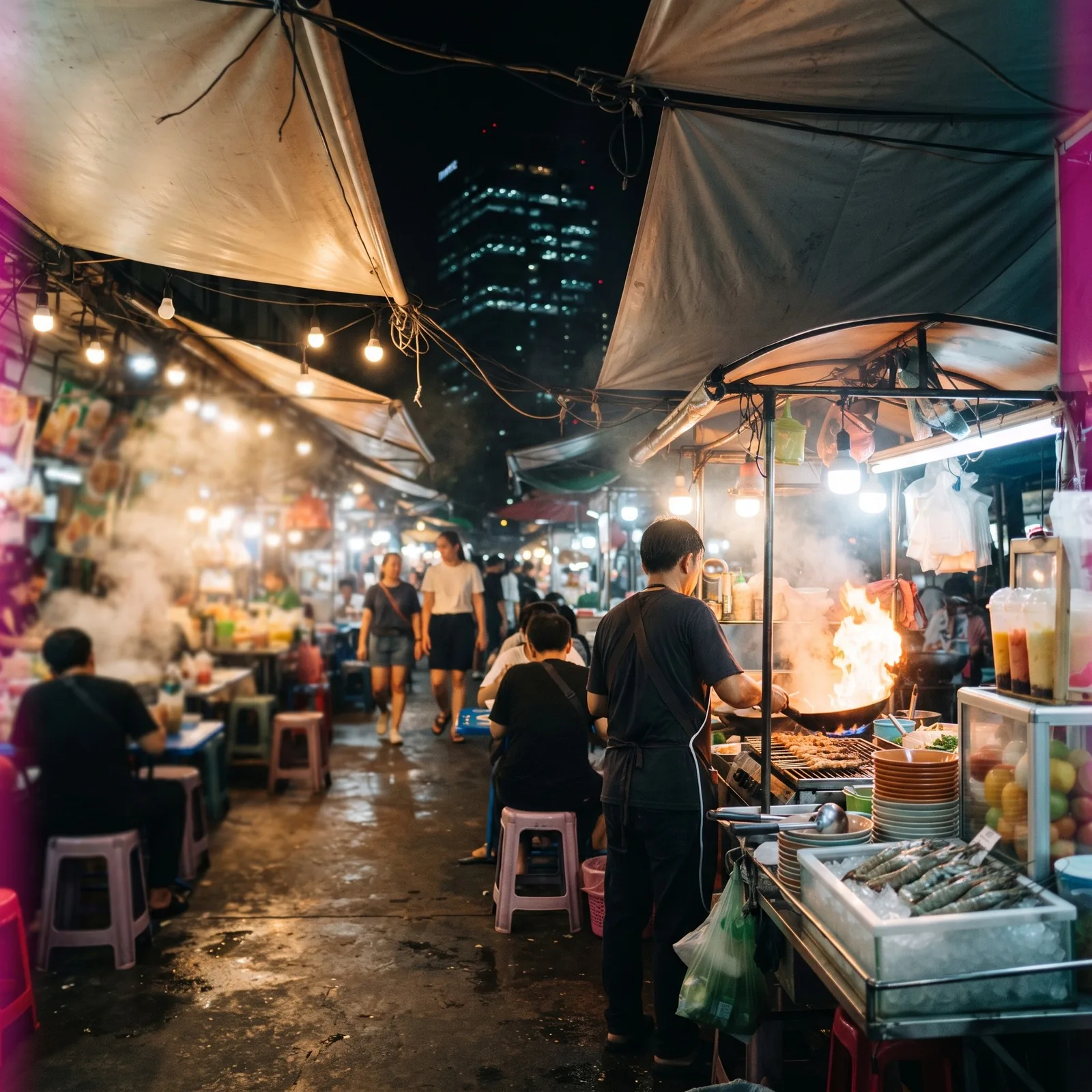 Streetfood-Stand mit flammendem Wok, Spießen und Besuchern in einer Gasse des Jodd Fairs Ratchada bei Nacht